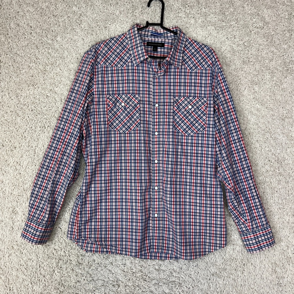 Banana Republic Pearl Snap Shirt Mens Large Plaid Preppy Western Long Sleeve